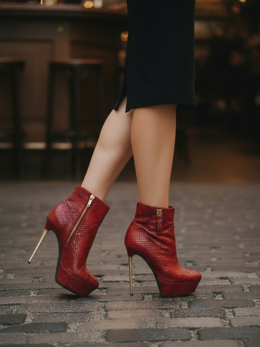 Alice + Olivia Red Textured Platform Ankle Booties with Gold Stiletto Heel